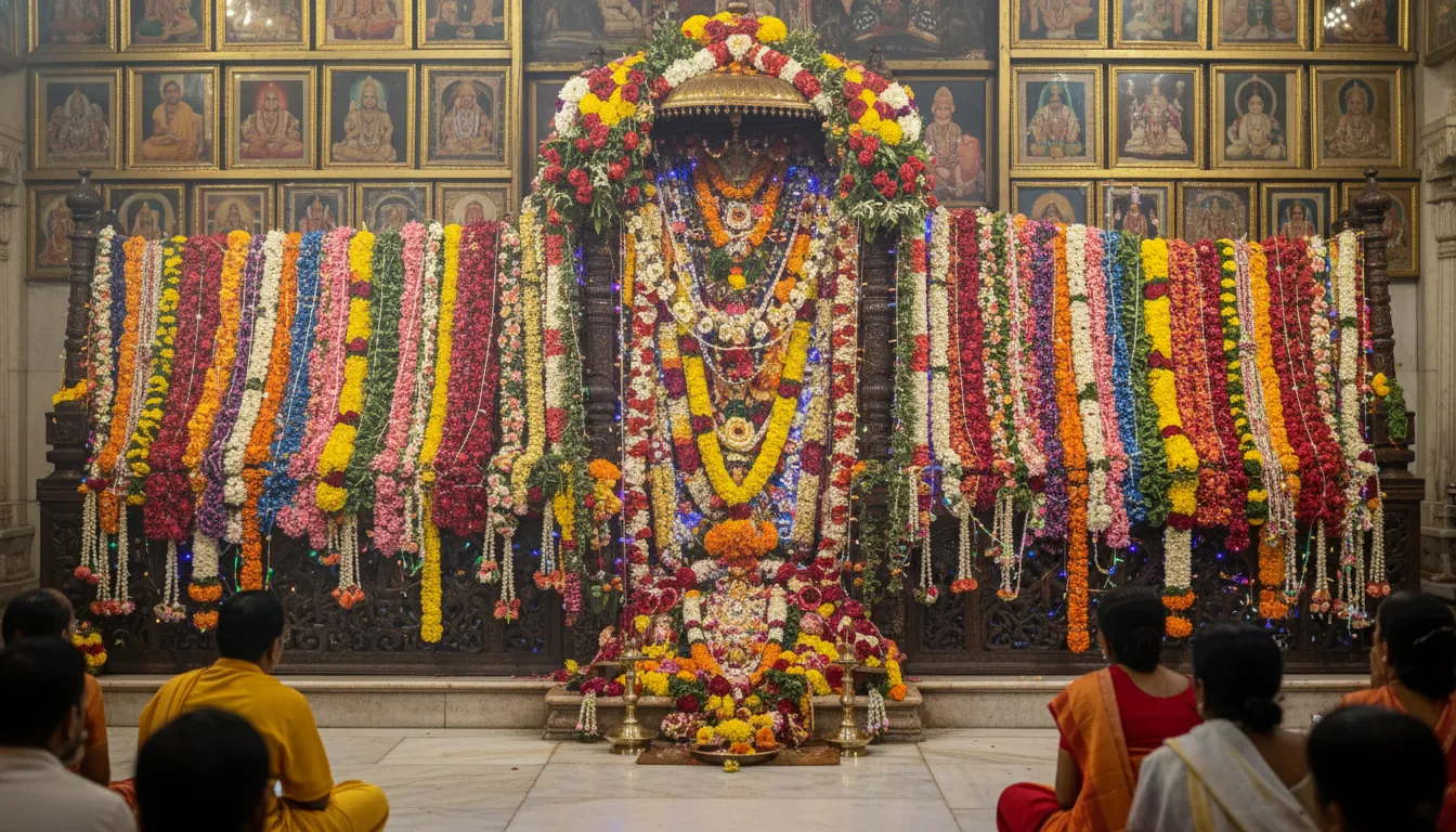 Sacred shrine decorated with garlands, beads, and floral arrangements