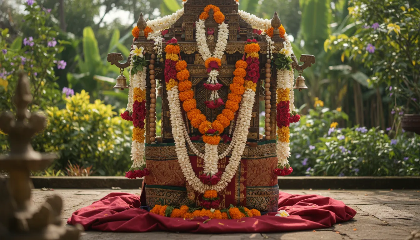 Ornate sacred structure decorated with beads and flower garlands