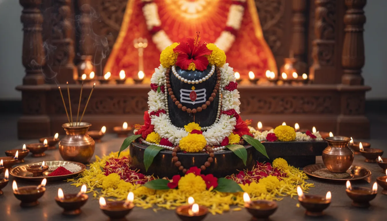 Artistic Shiva Lingam surrounded by flowers, lamps, and ritual items