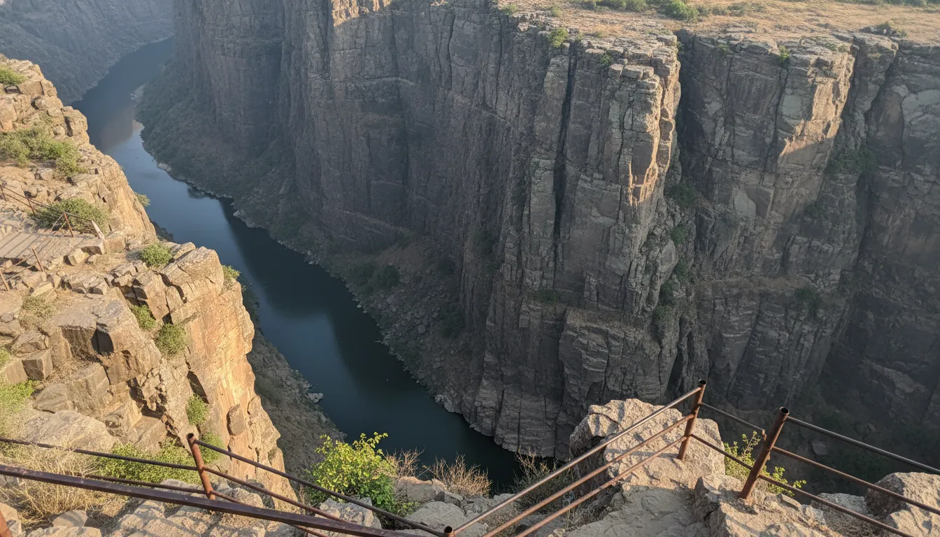 Looking down into the deep rocky gorge of Chambal river canyon at Garadia Mahadev viewpoint.