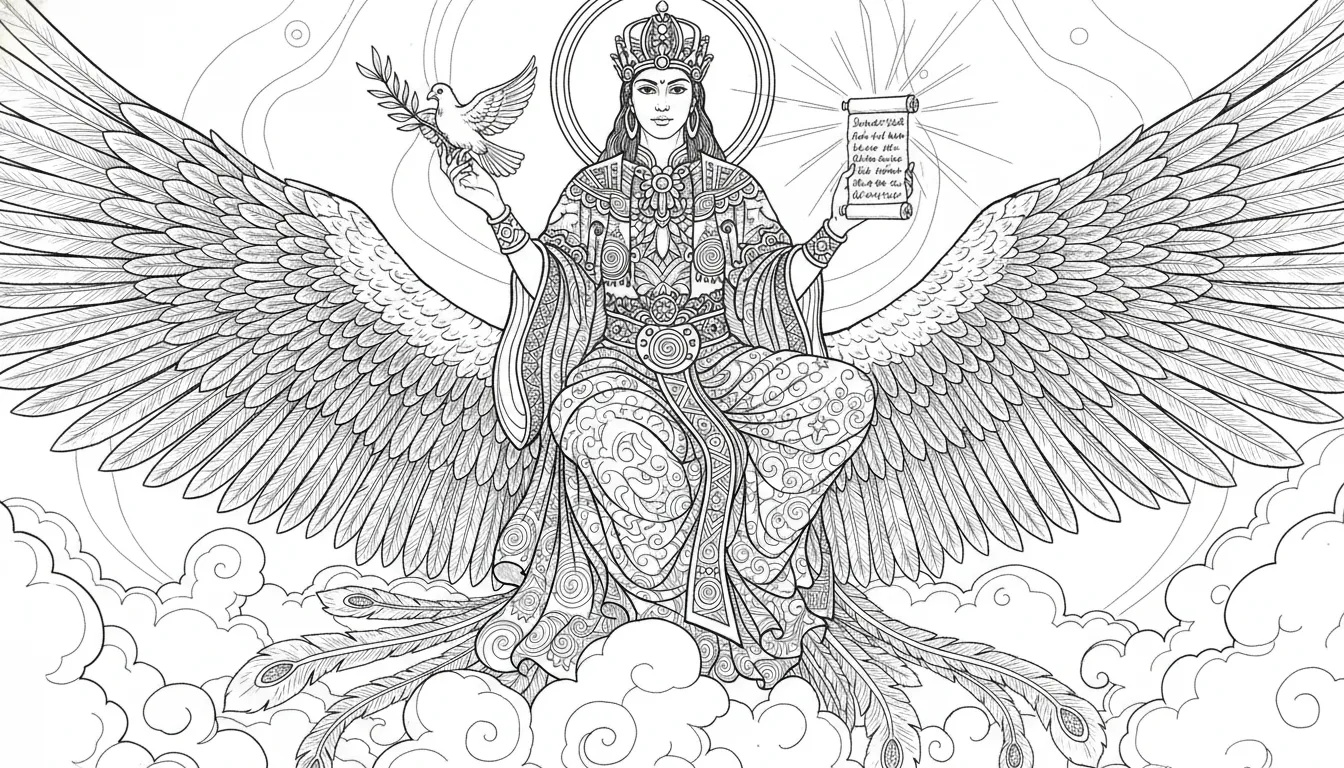 Black and white line drawing of a divine deity seated on a large bird
