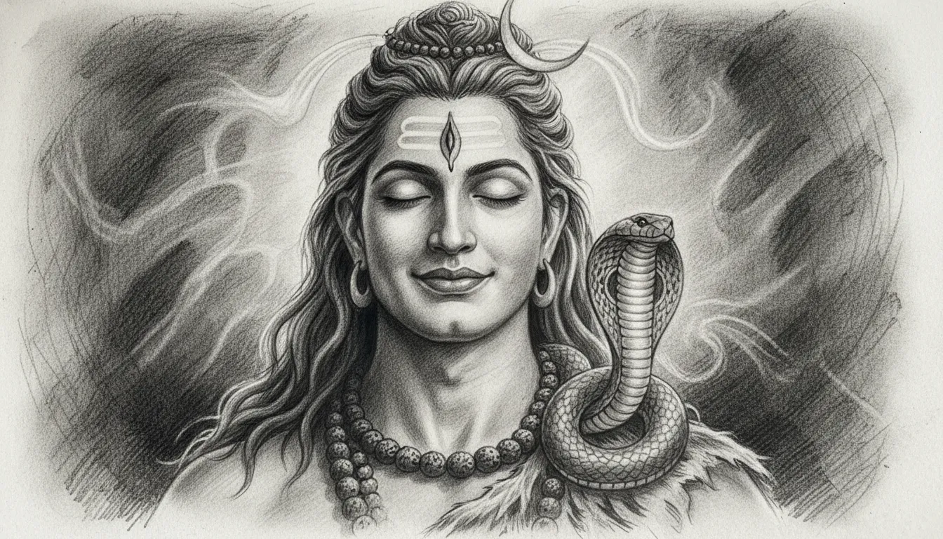 Highly detailed black and white pencil sketch portrait of Lord Shiva