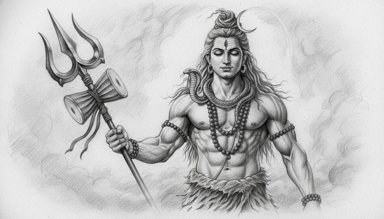 A highly detailed graphite pencil sketch drawing of Mahadev holding his Trishul.