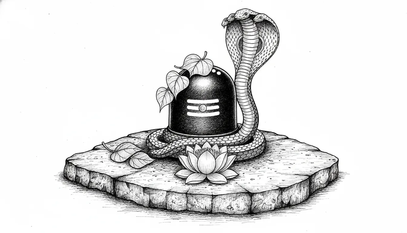 Fine line art illustration of a sacred Shiva Lingam decorated with flowers