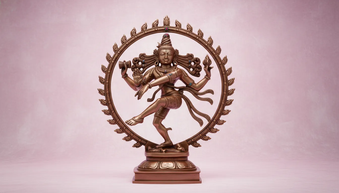 Exquisite bronze cosmic dancer Shiva statue set against a soft pastel pink backdrop