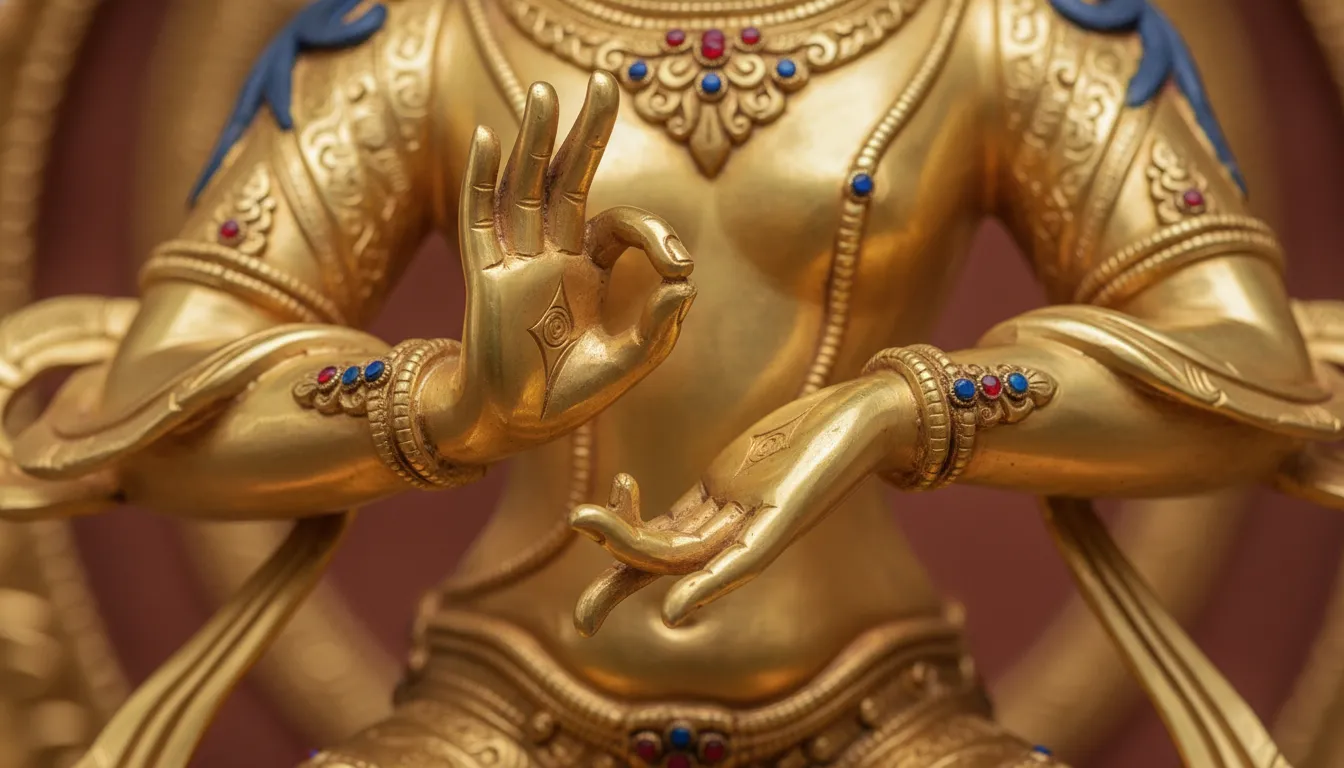 Close-up view of the intricate hand gestures and jewelry of a golden dancing statu