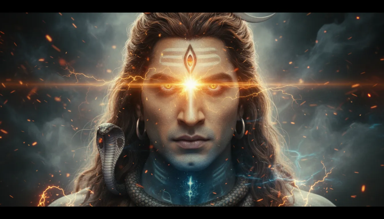 Close up Dev ke Dev Mahadev photo of Lord Shiva with his powerful third eye opening, emitting glowing golden light.