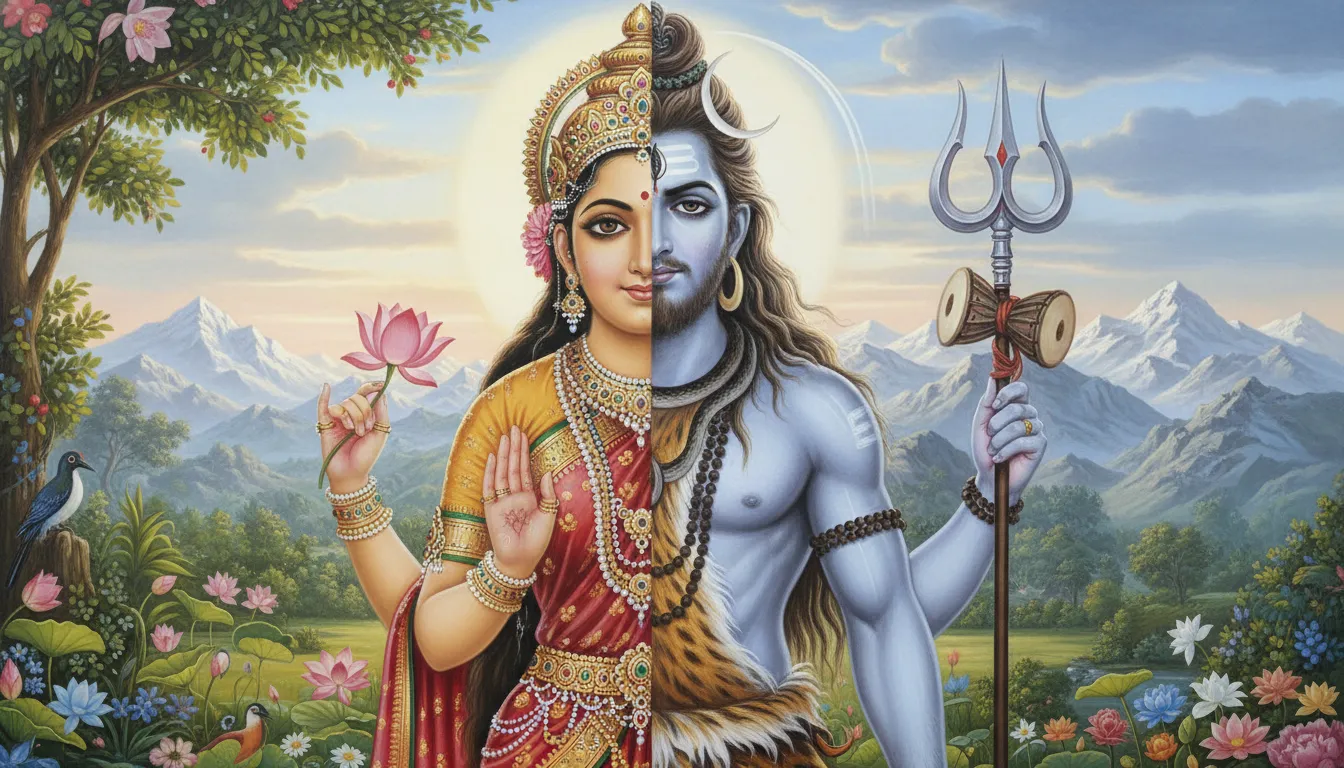 Beautiful Dev ke Dev Mahadev photo of Ardhanarishvara representing the half male Lord Shiva and half female Goddess Parvati form.