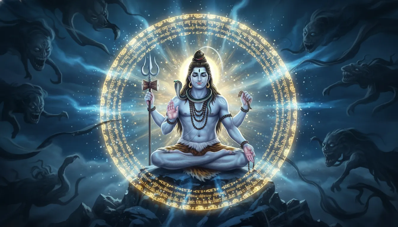 Powerful Dev ke Dev Mahadev photo of Lord Shiva surrounded by a protective shield of ancient Sanskrit mantras.