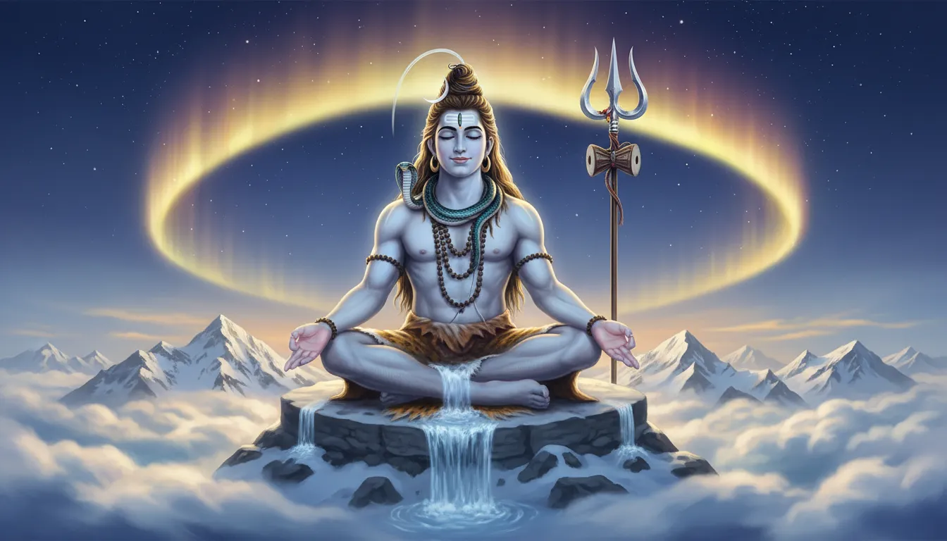Dev ke Dev Mahadev photo of Lord Shiva meditating on snow covered Mount Kailash mountain in peaceful atmosphere.