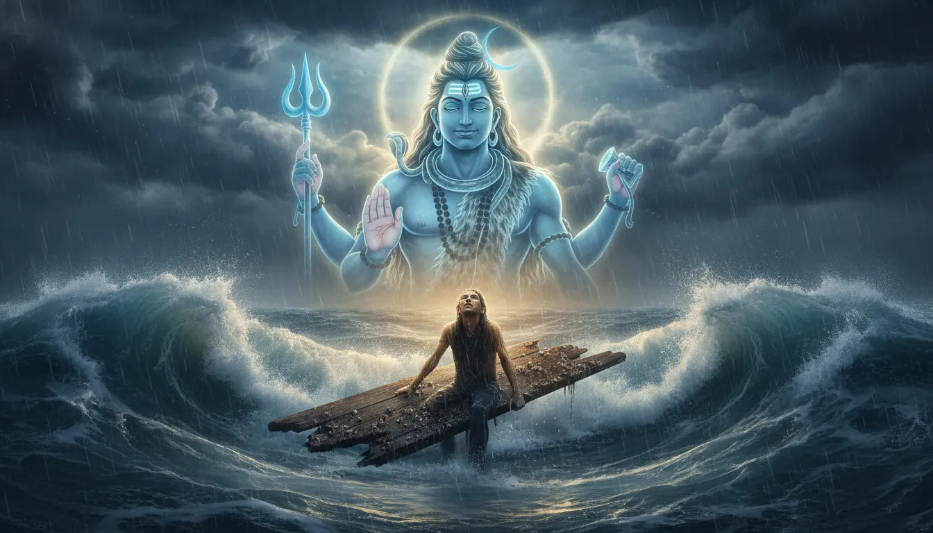 A person floating on wood in a stormy ocean looking up at a giant glowing silhouette of Shiva