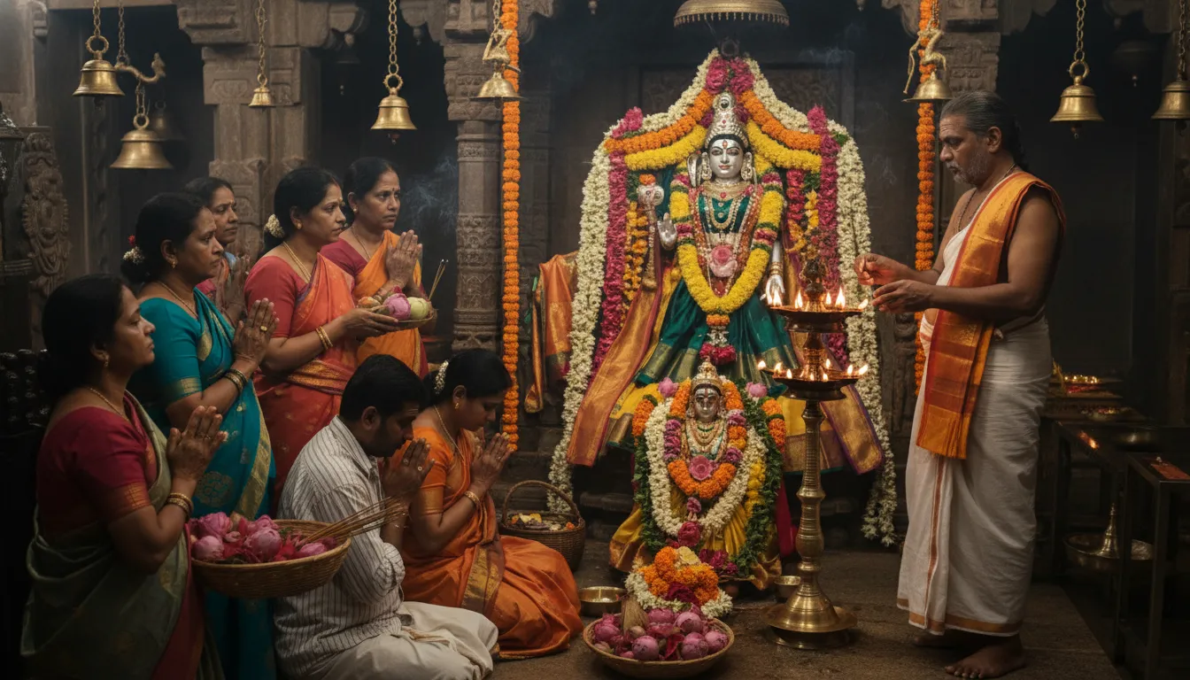 Devotees offering flowers to Shiva Parvati idol in temple ritual worship