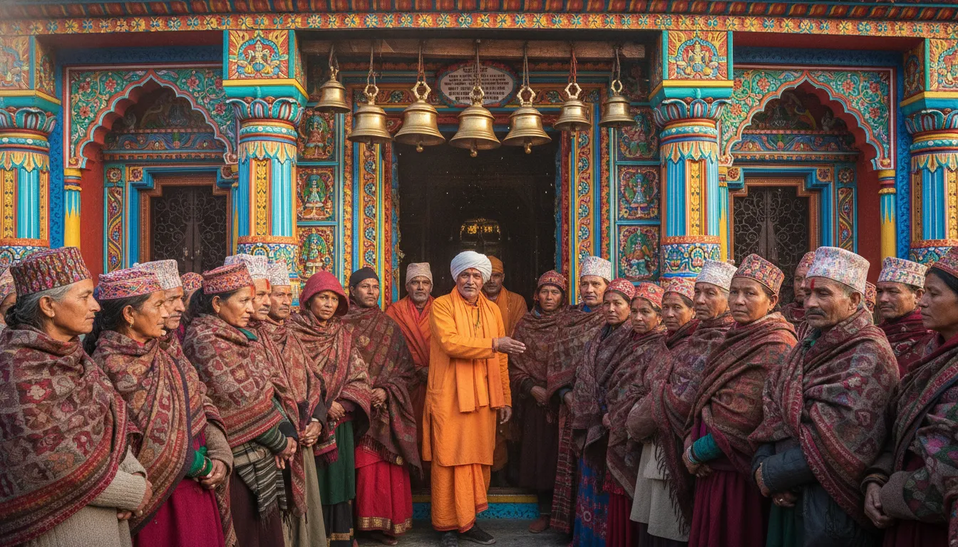 Local people in traditional clothes offering prayers at the entrance of Bijli Mahadev.