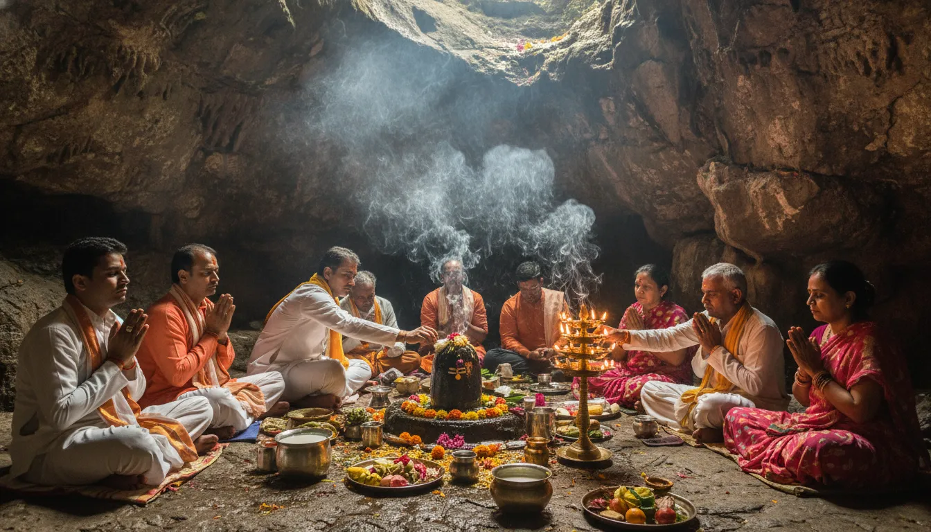 Pilgrims and devotees offering prayers inside the natural cave shrine of Tapkeshwar Mahadev.