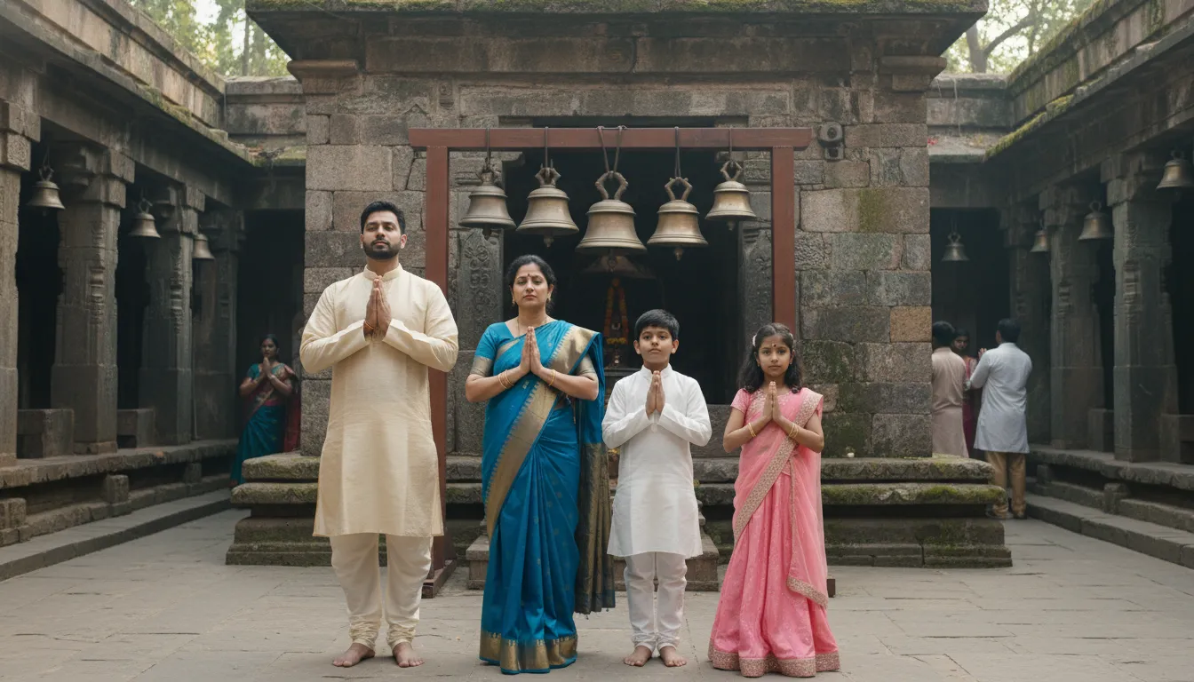 Pilgrims with folded hands praying inside the peaceful courtyard of Tarkeshwar Mahadev.