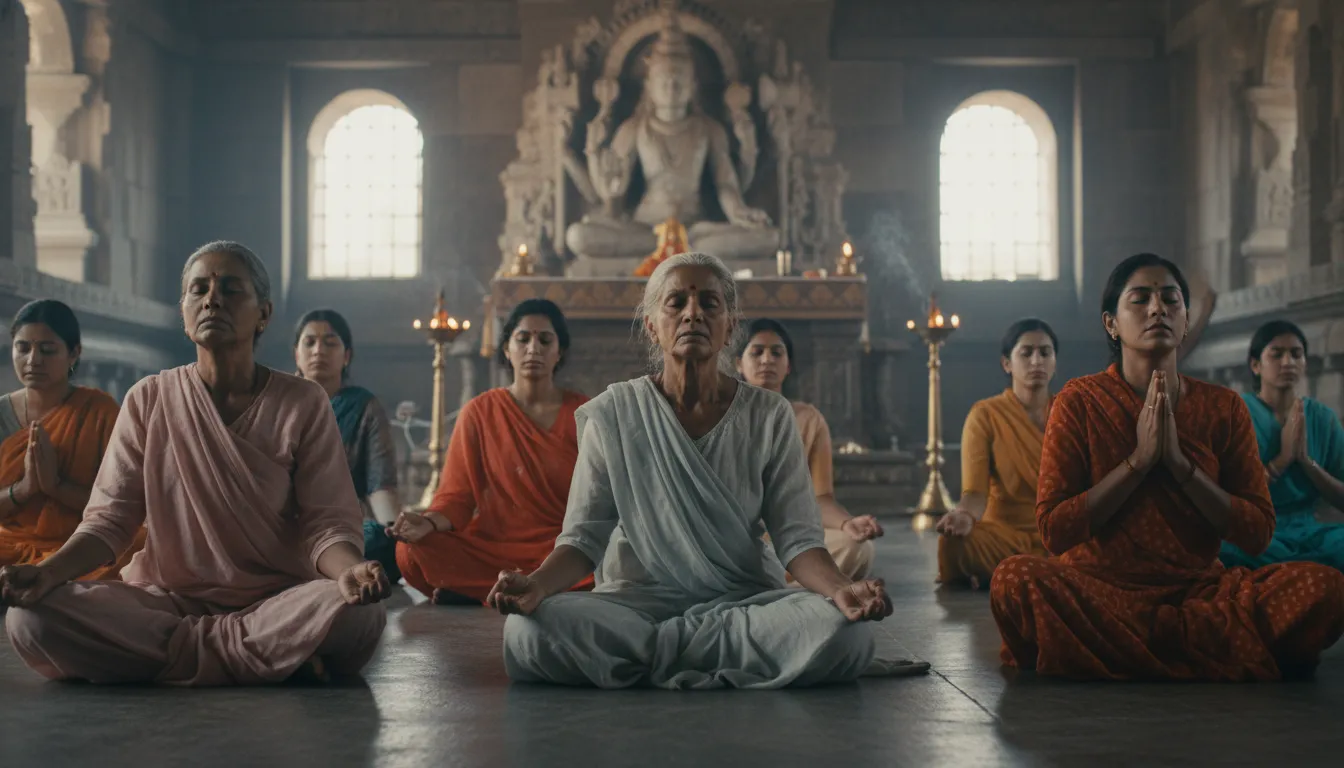 Devotees sitting in prayer and meditation before Shiva Parvati idol in temple