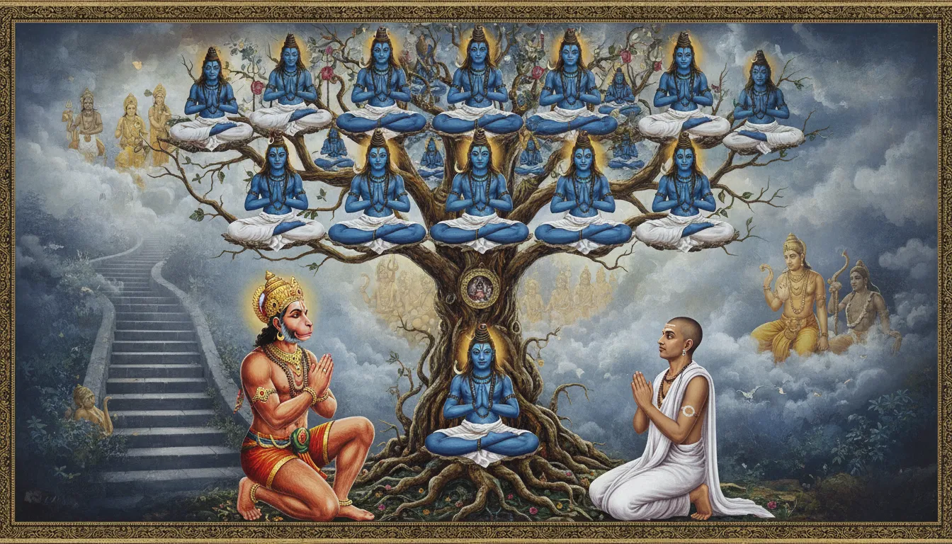 Colorful devotional collage showing multiple Shiva figures, Hanuman, and worshippers in a forest setting