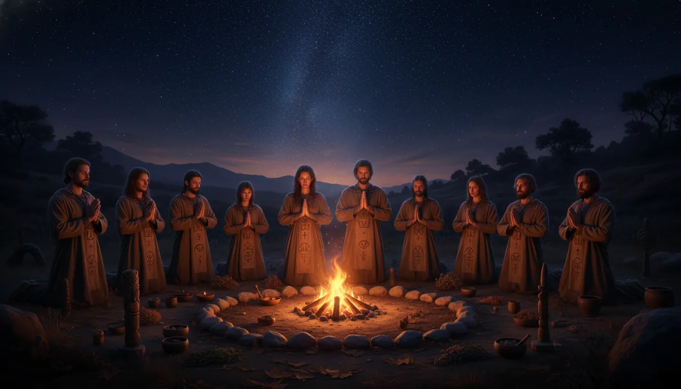An evening sacred ceremony gathering scene with a central fire and people offering prayers.