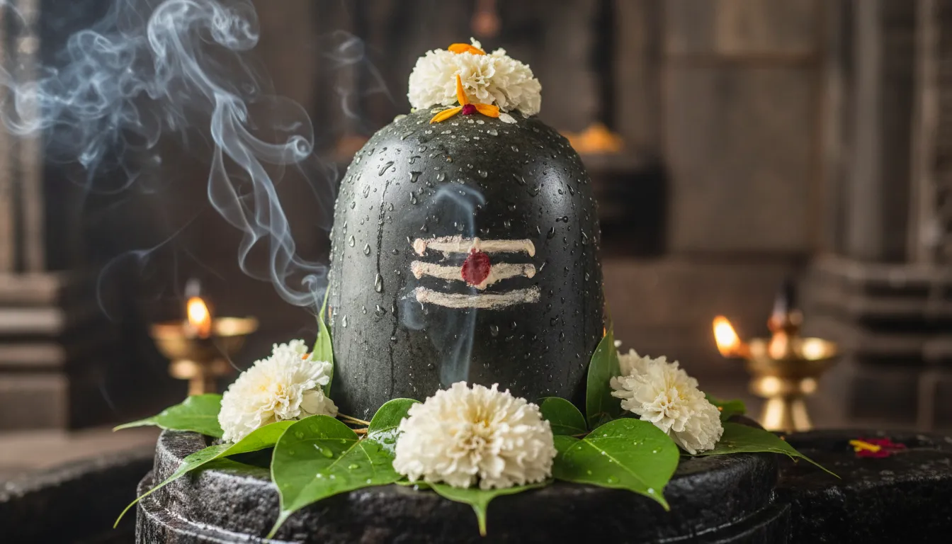 Pura Mahadev photos of a sacred Shiva Lingam decorated with Bel Patra and flowers.