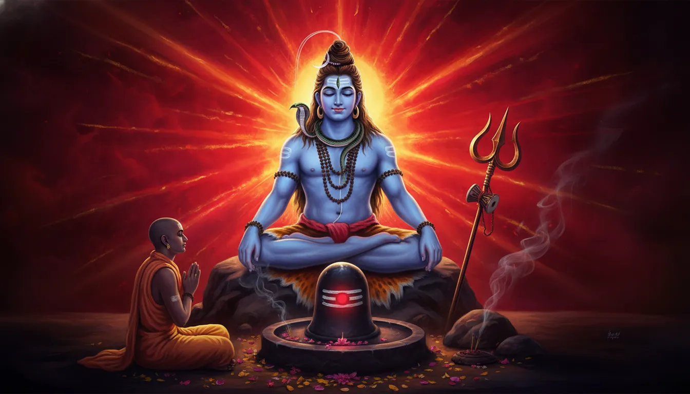 A devotional digital artwork showing Lord Shiva in meditation above a Shiva lingam, with a devotee seated in prayer and a glowing trident beside the scene.