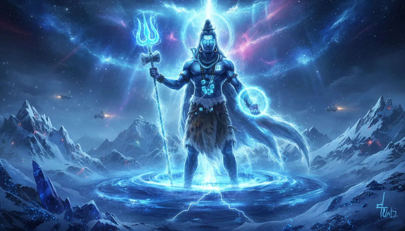 Futuristic Lord Shiva on digital Mount Kailash with holographic trident and blue energy.