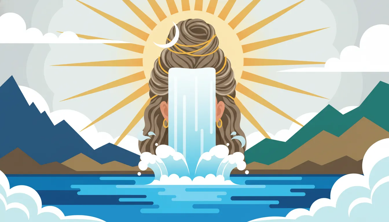 Clean digital vector illustration showing the holy river Ganga flowing from Shiva's hair