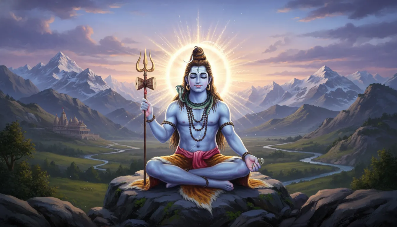 Lord Shiva with glowing halo behind head in peaceful mountain setting