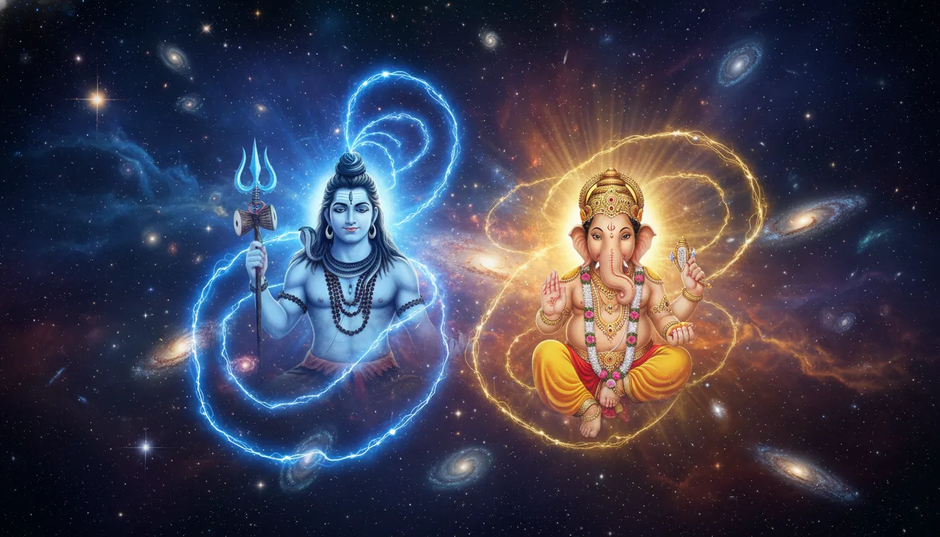 Cosmic Mahadev Ganpati photo with stars and galaxies background.