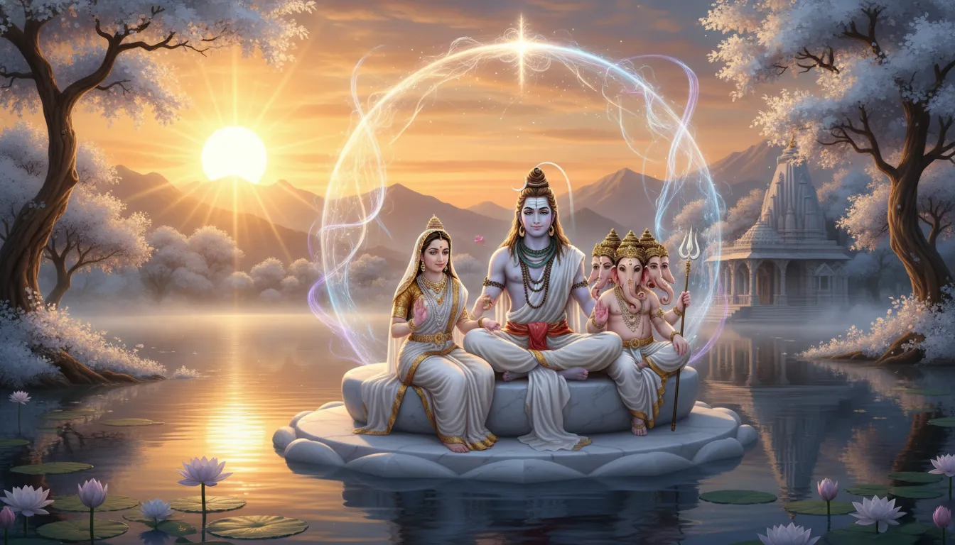 Shiva family glowing under golden sunrise in Himalayas