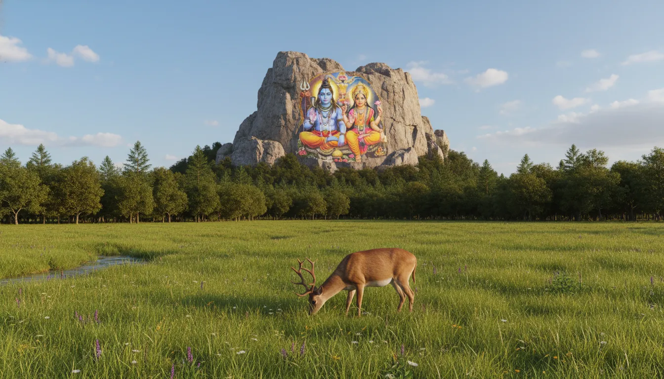 A large rock formation displays a colorful portrait of Lord Shiva and Goddess Parvati above a grassy field with trees and a grazing deer.