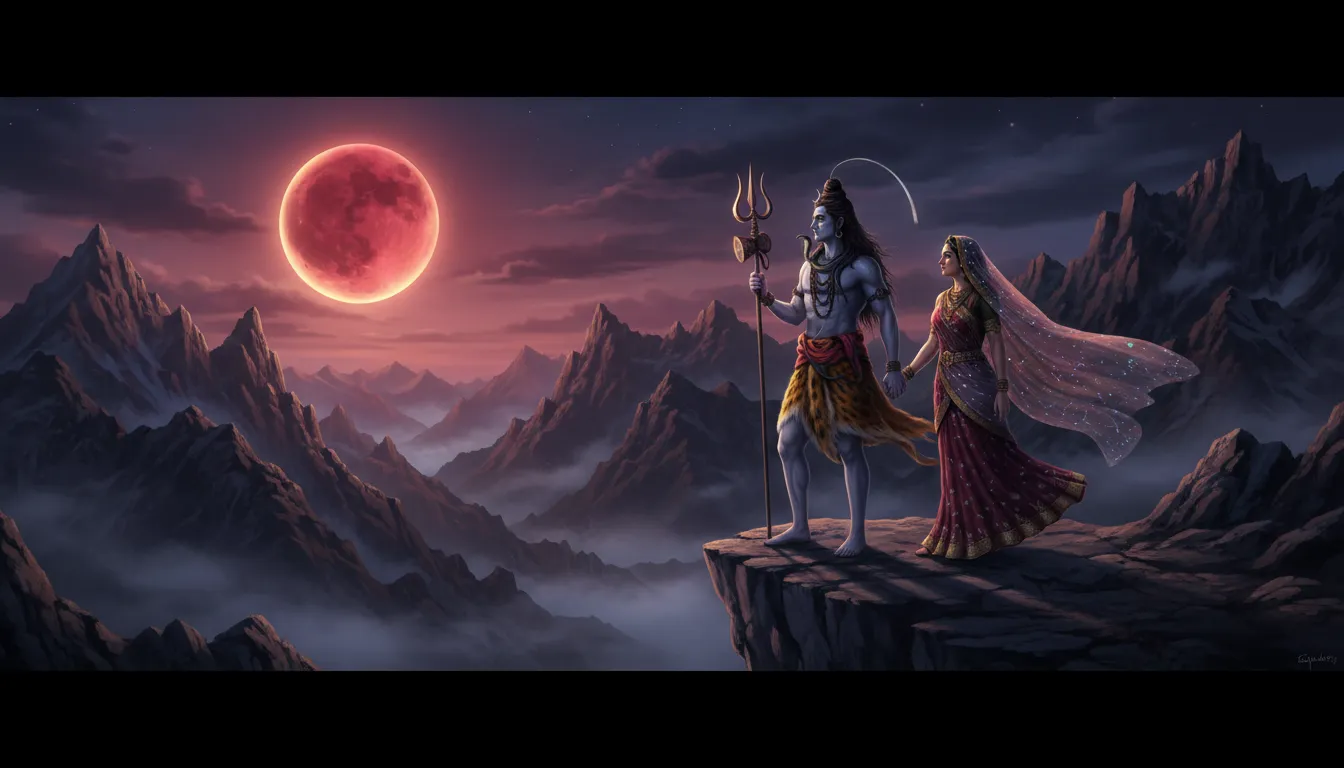 Shiva and Parvati standing together and observing a peaceful moonlit mountain valley