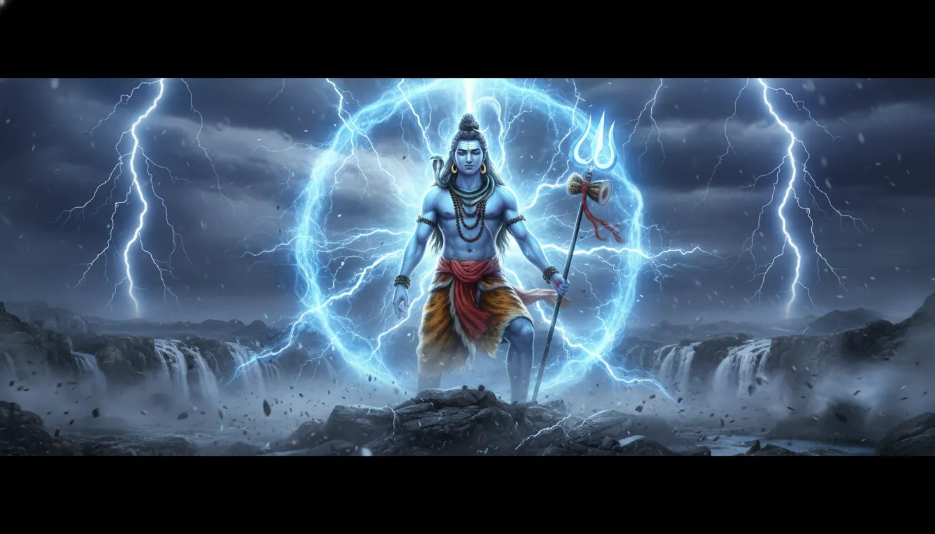 Blue Lord Shiva with glowing aura and lightning portal in a stormy waterfall landscape.