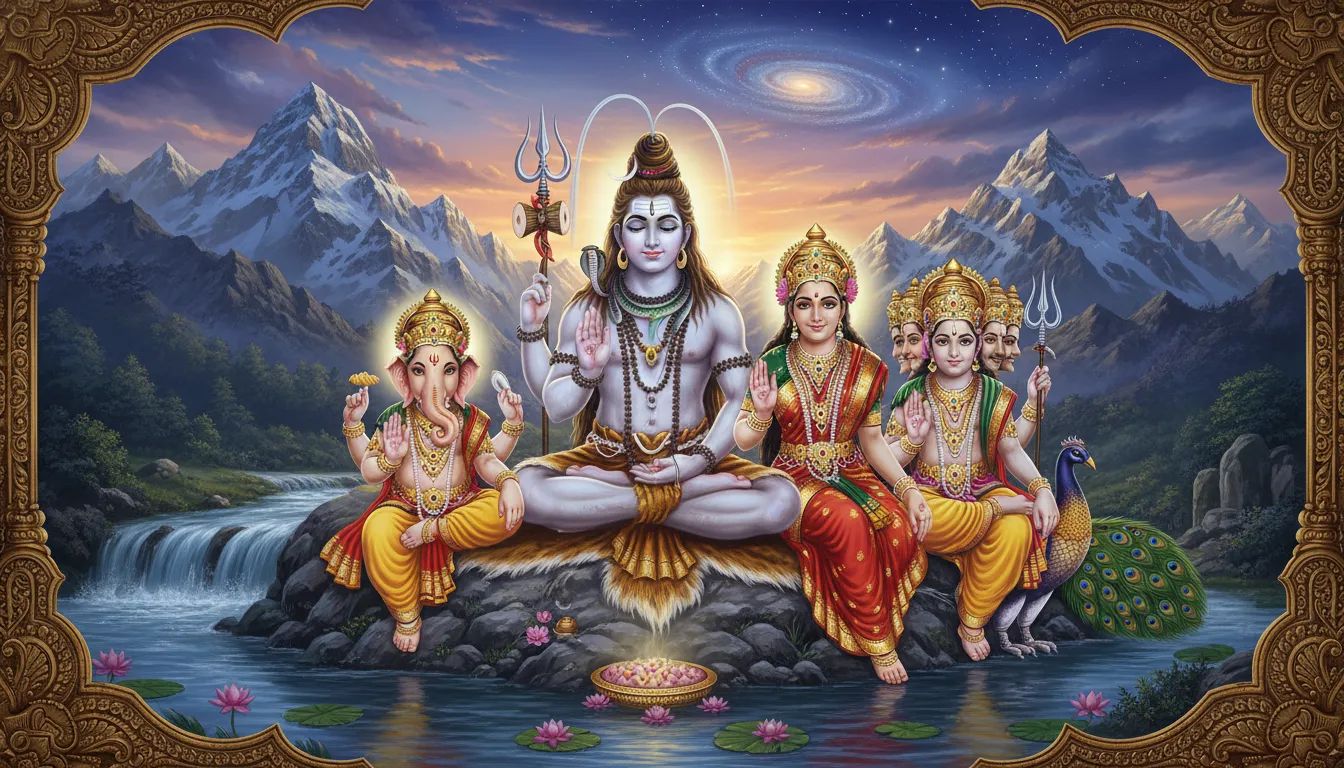 Illustration of Shiva family including Parvati, Ganesha, and Kartikeya in a celestial setting