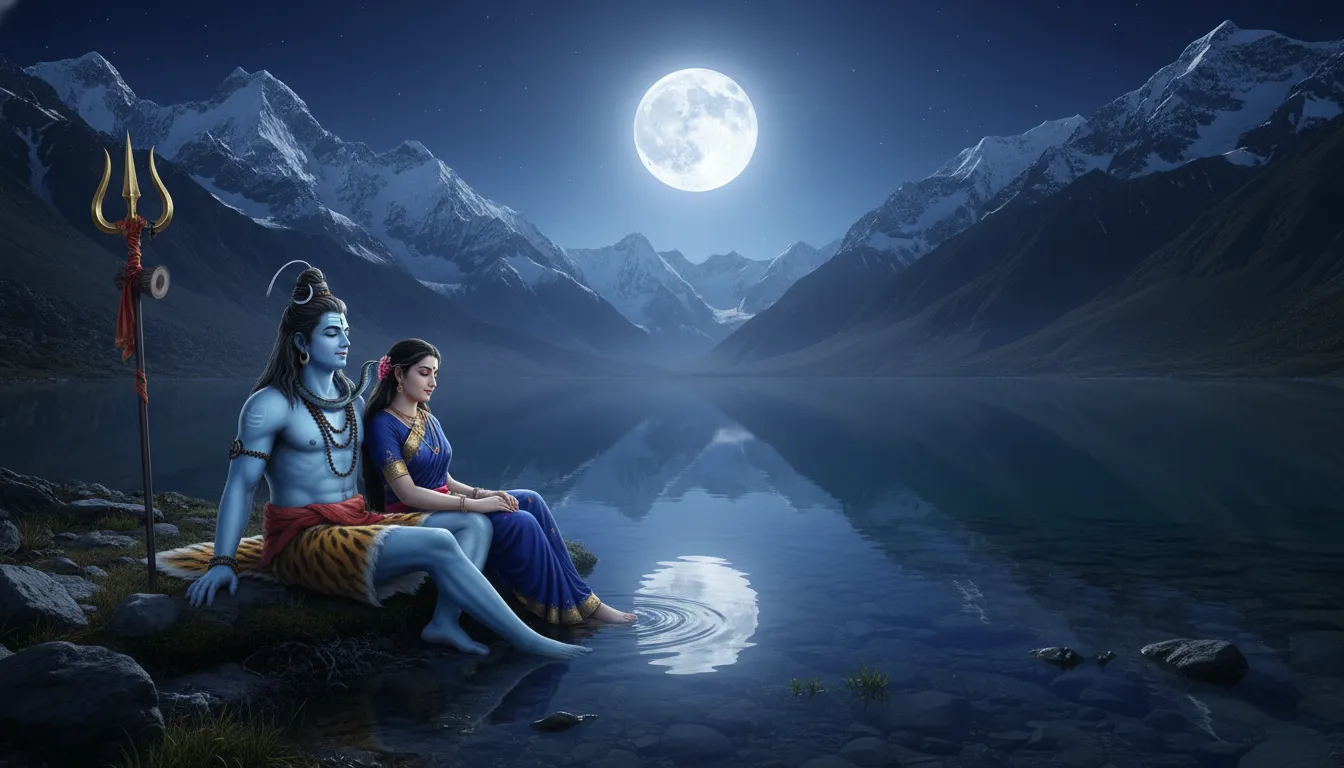 Shiva and Parvati sitting by a clear mountain lake reflecting the full moon in the Himalayas