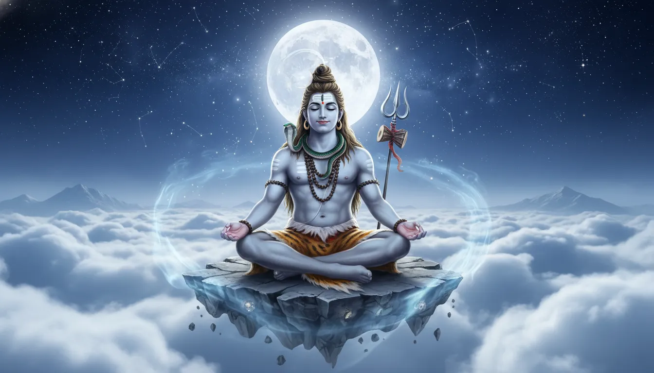 Divine Lord Shiva meditation image on rocky platform with clouds and moon