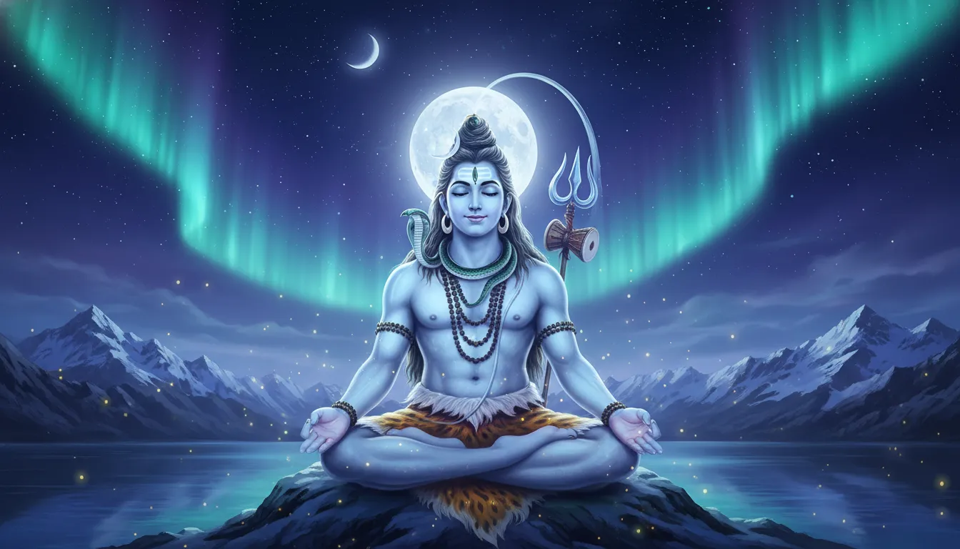 Divine night wallpaper of Lord Shiva with moonlight, mountains, and spiritual glow