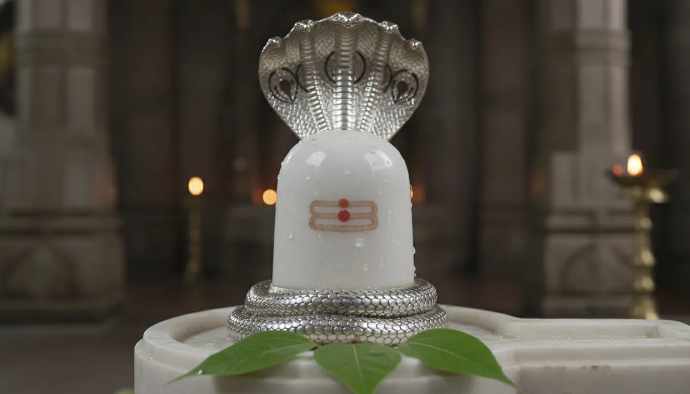 Pure white marble Shiva Lingam surrounded by a multi-headed silver snake hood with water droplets.