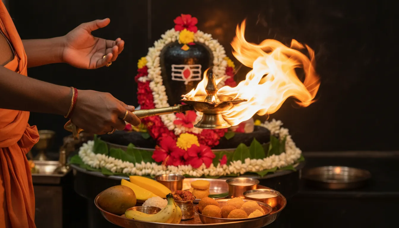 A spiritual markandey mahadev photo capturing the morning dynamic aarti ritual with fire lamps.