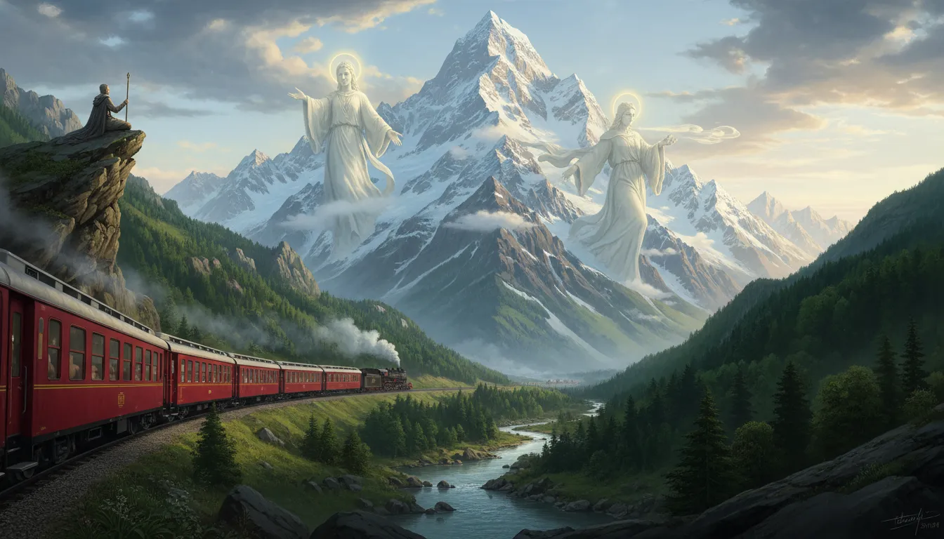 Red mountain train passing below a snowy peak with large divine figures in the background