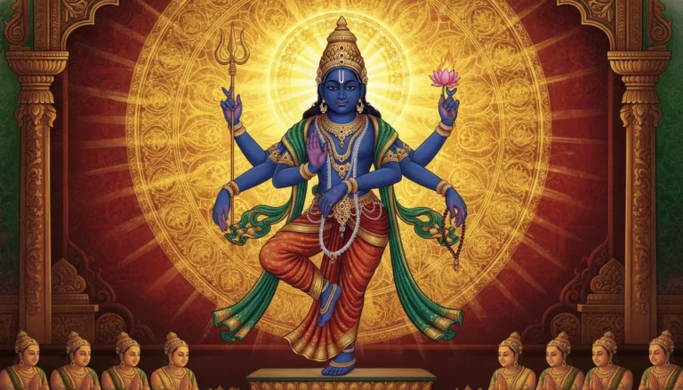 Intricate traditional illustration of a multi-armed dancing deity with a decorative halo