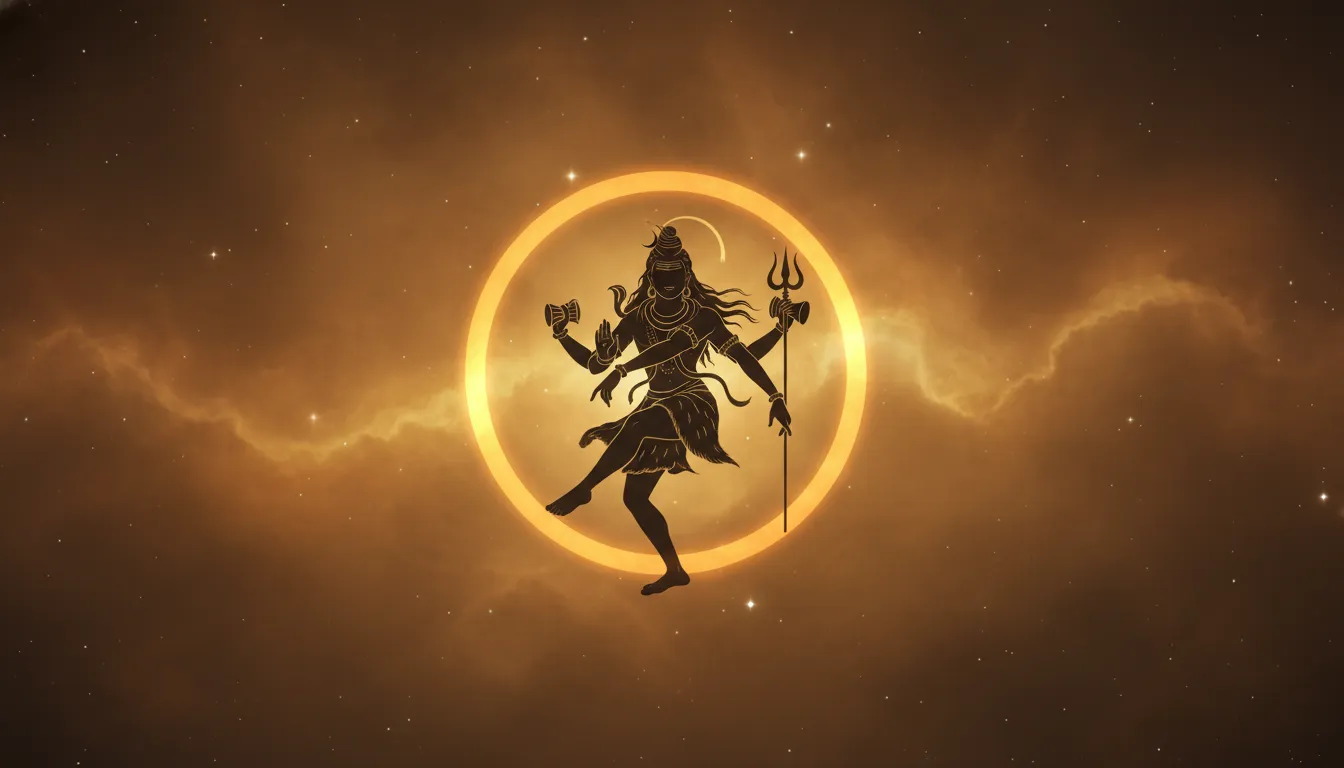 Silhouette of Lord Shiva in the Nataraja dance pose against a warm golden celestial background.