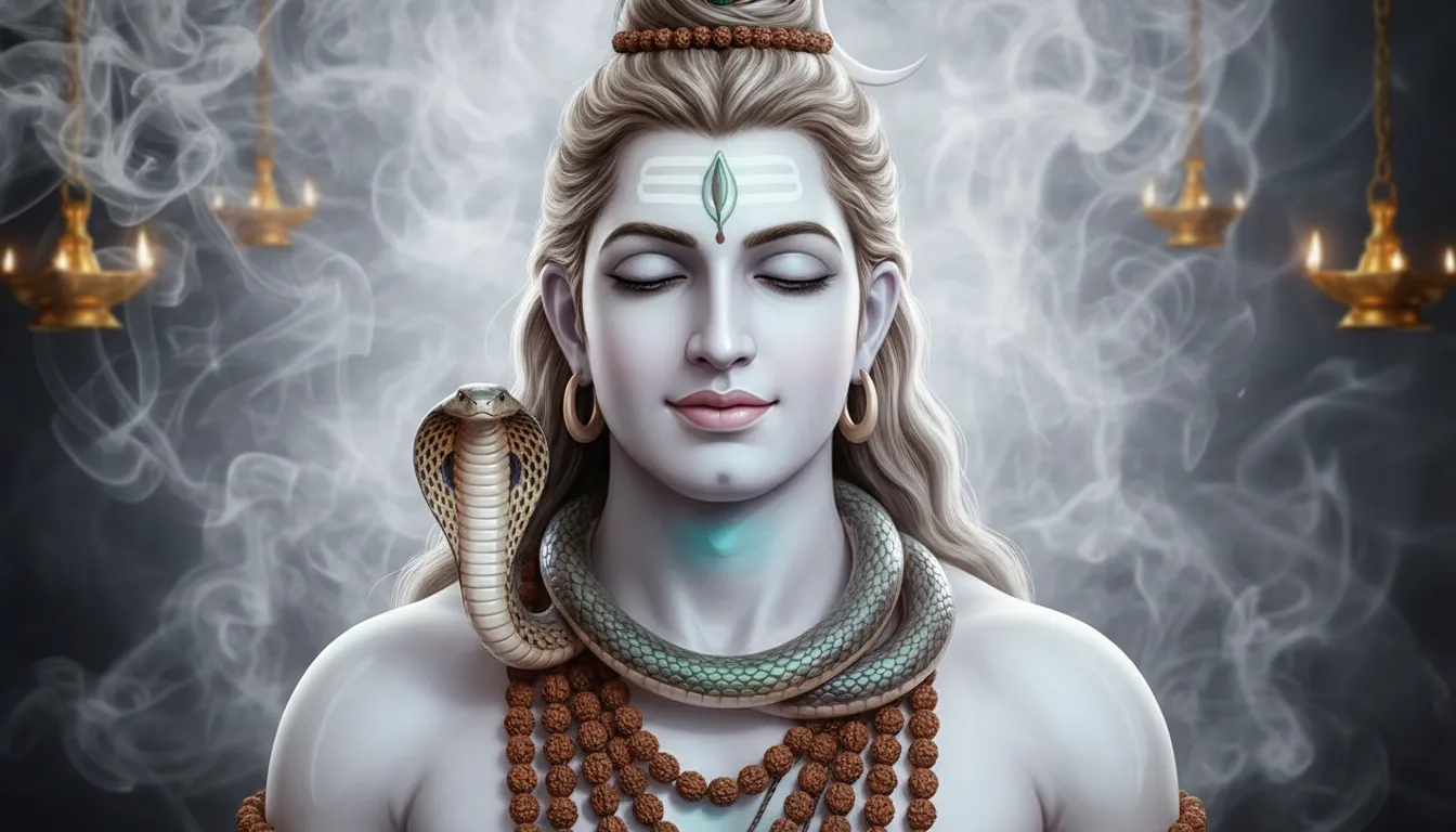 Detailed mahadev background photo highlighting Lord Shiva as Neelkanth with a gentle blue throat, peaceful expression, and rudraksha beads.