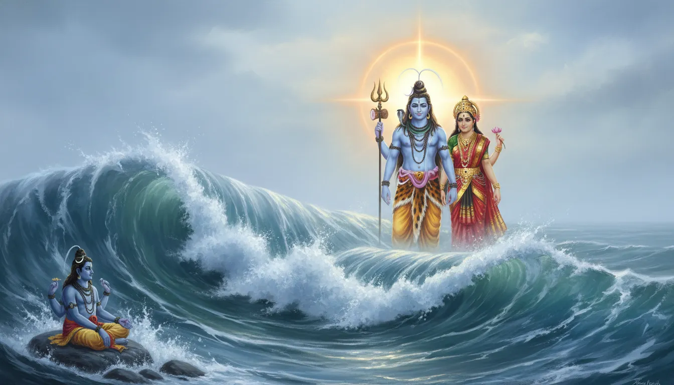 Lord Shiva and Goddess Parvati appear above an ocean wave, with another deity seated near the water.