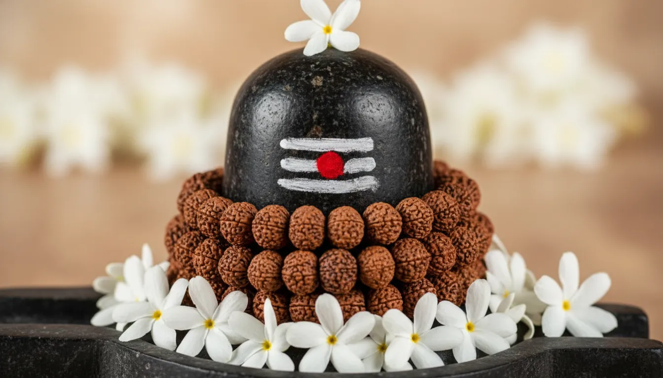 A detailed Mahadev Pind beautifully wrapped with sacred Rudraksha beads and flowers.