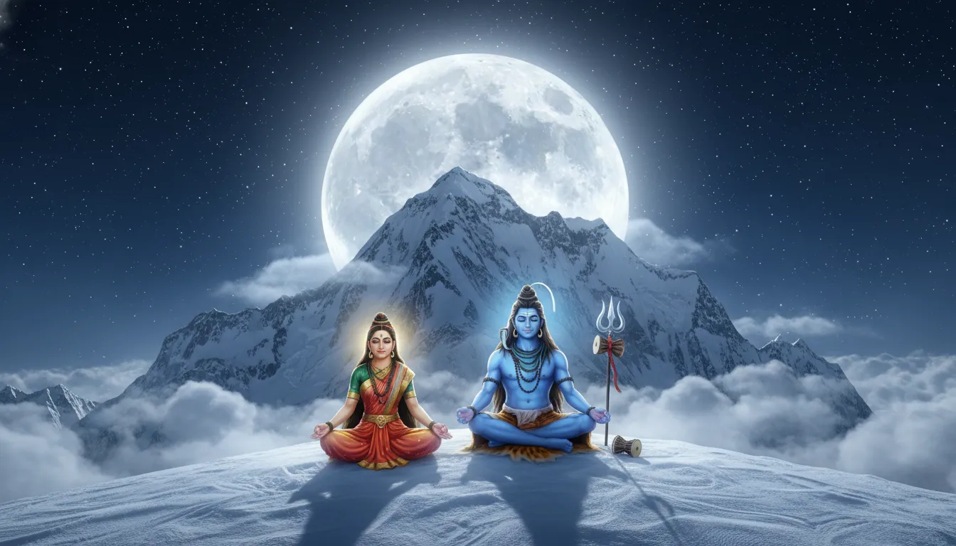 Lord Shiva and Goddess Parvati sitting in meditation on Mount Kailash under a glowing full moon