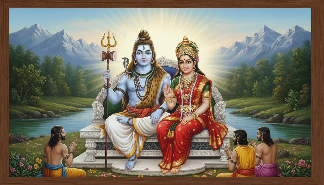 Lord Shiva and Goddess Parvati sitting together in a divine photo frame