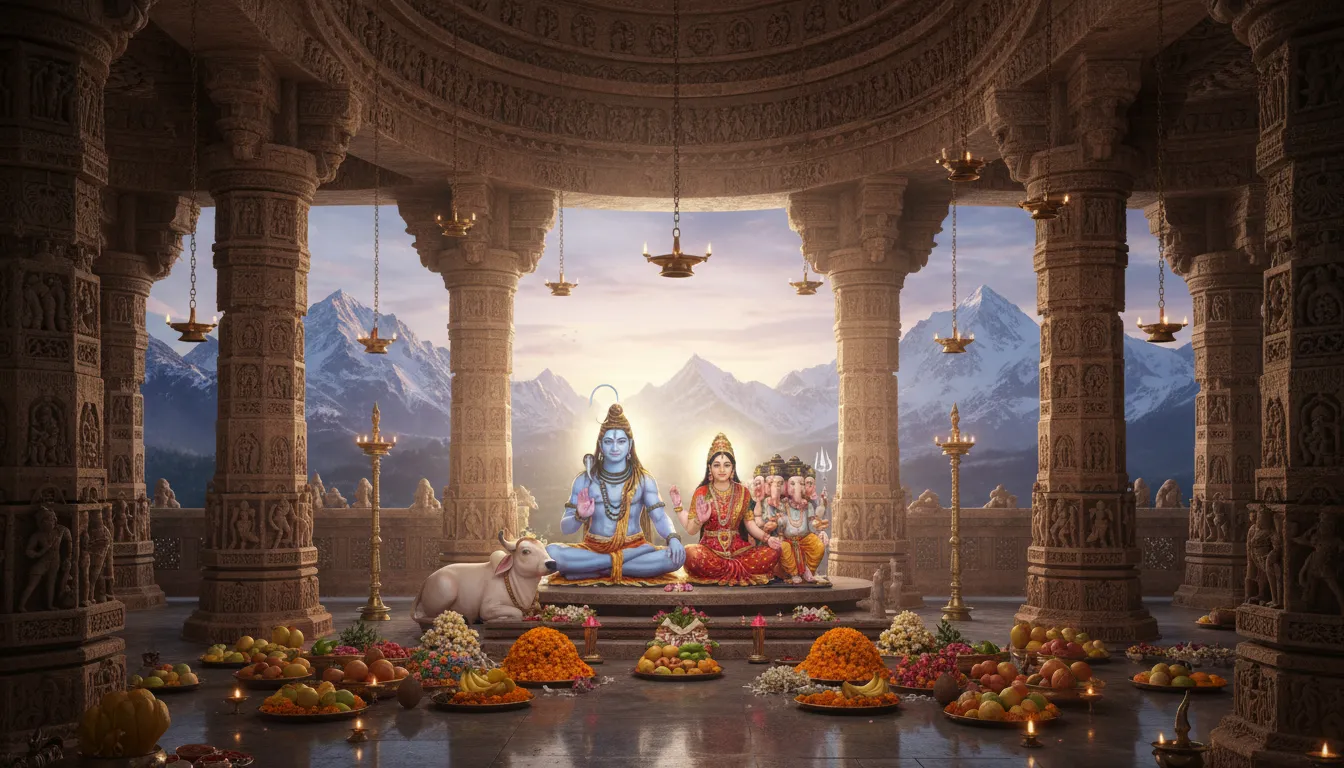 HD Lord Shiva family image inside a cave temple with Parvati Ganesha Kartikeya and Nandi.