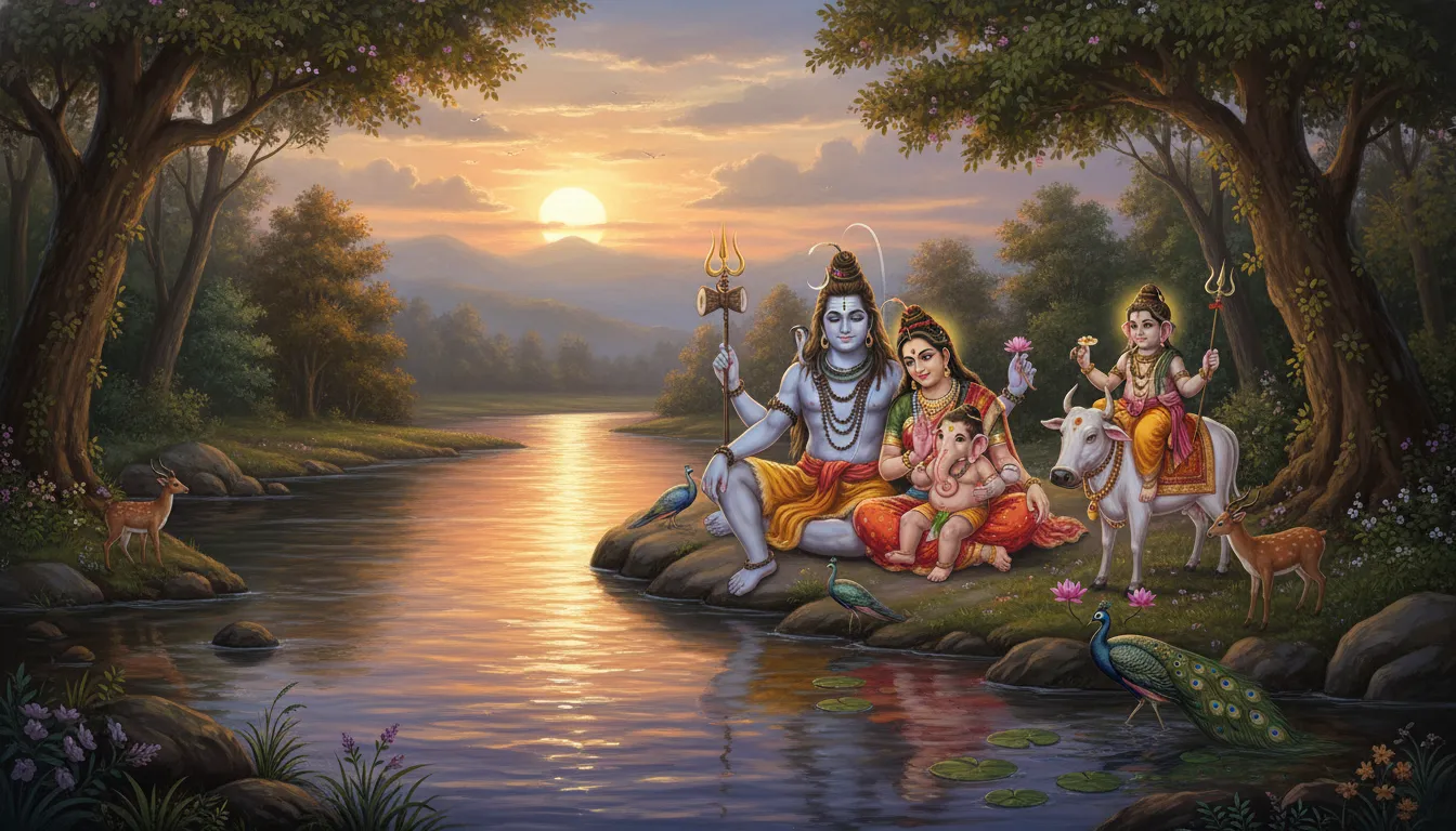 Lord Shiva family sitting beside river in mountain landscape