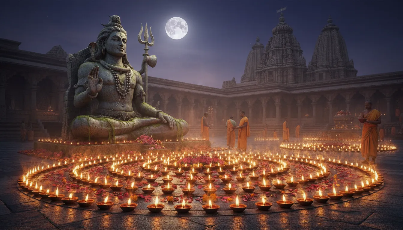 Lord Shiva seated in meditation with hundreds of glowing lamps around him.