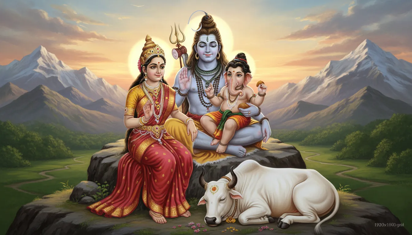 Complete Shiva family including Lord Shiva, Goddess Parvati, and young Lord Ganesha.